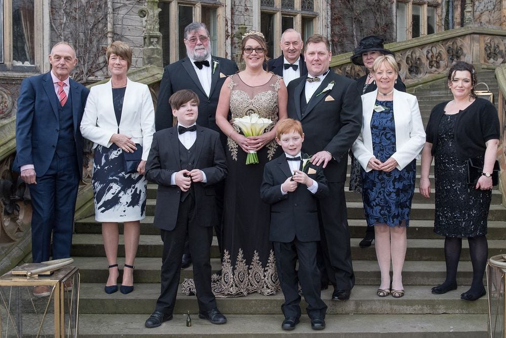 A formal group shot at Vicky & Dan's wedding at Carlton Towers, near Goole.
