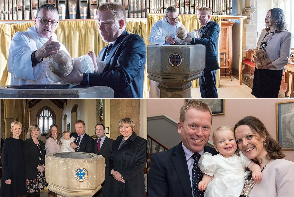 A christening day montage – the vicar, the parents and the baby.